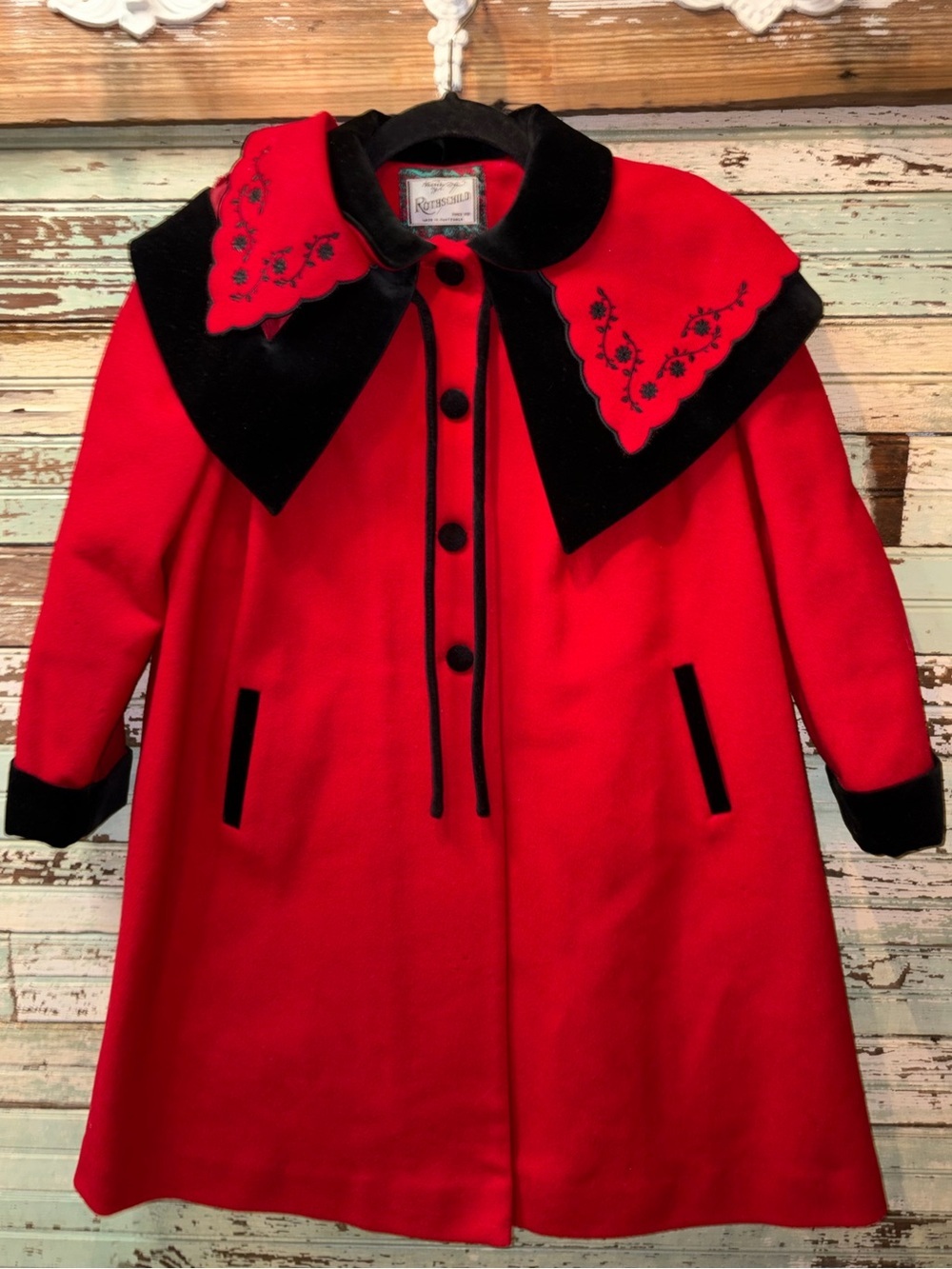 Vintage Rothschild Red Pea Coat with Black Velvet Trim